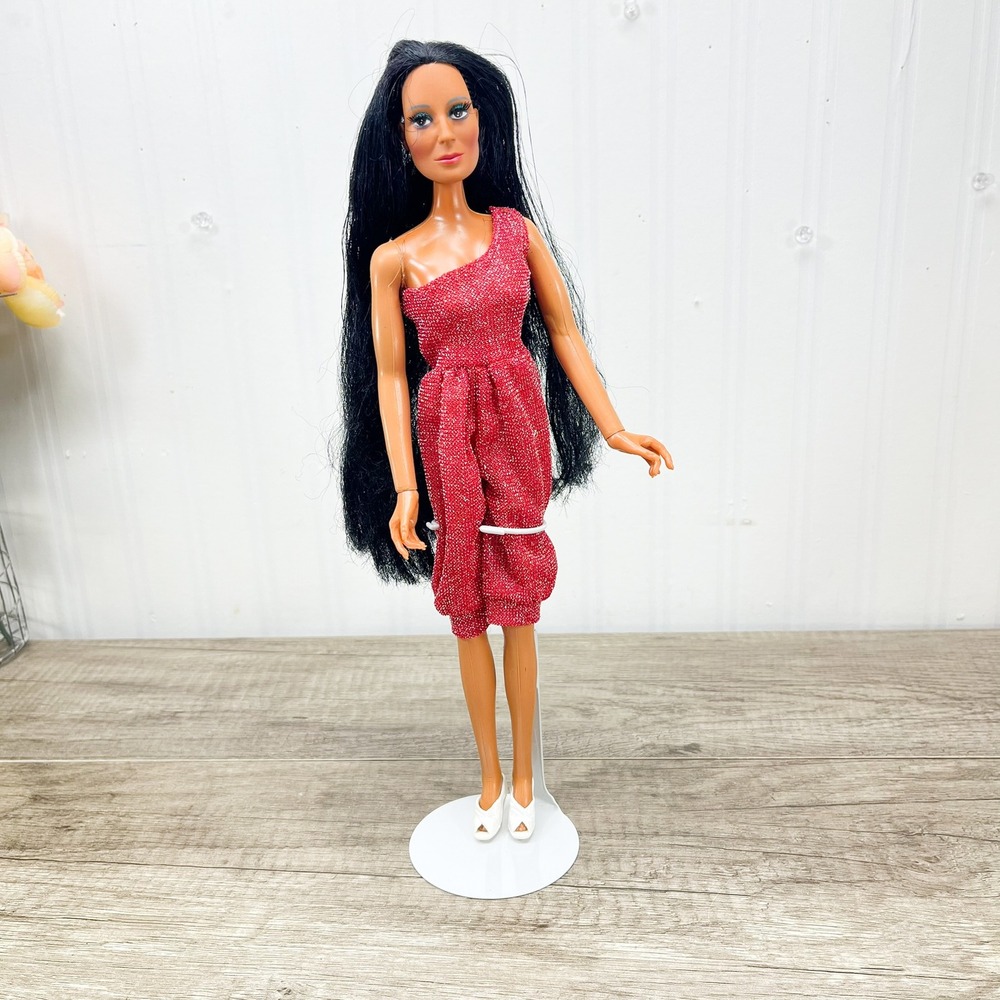 Vintage 1970s Mego Cher Doll Red Shimmer Jumpsuit with Classic White Shoes